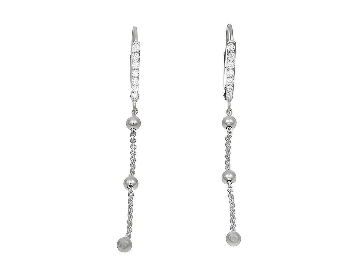 Ohrhänger aus poliertem rhodiniertem Sterling Silber mit Zirkonia in Weiß, design in Form von Kugelkettchen mit hängenden Steinen, Hersteller: Juwelier Harnisch.