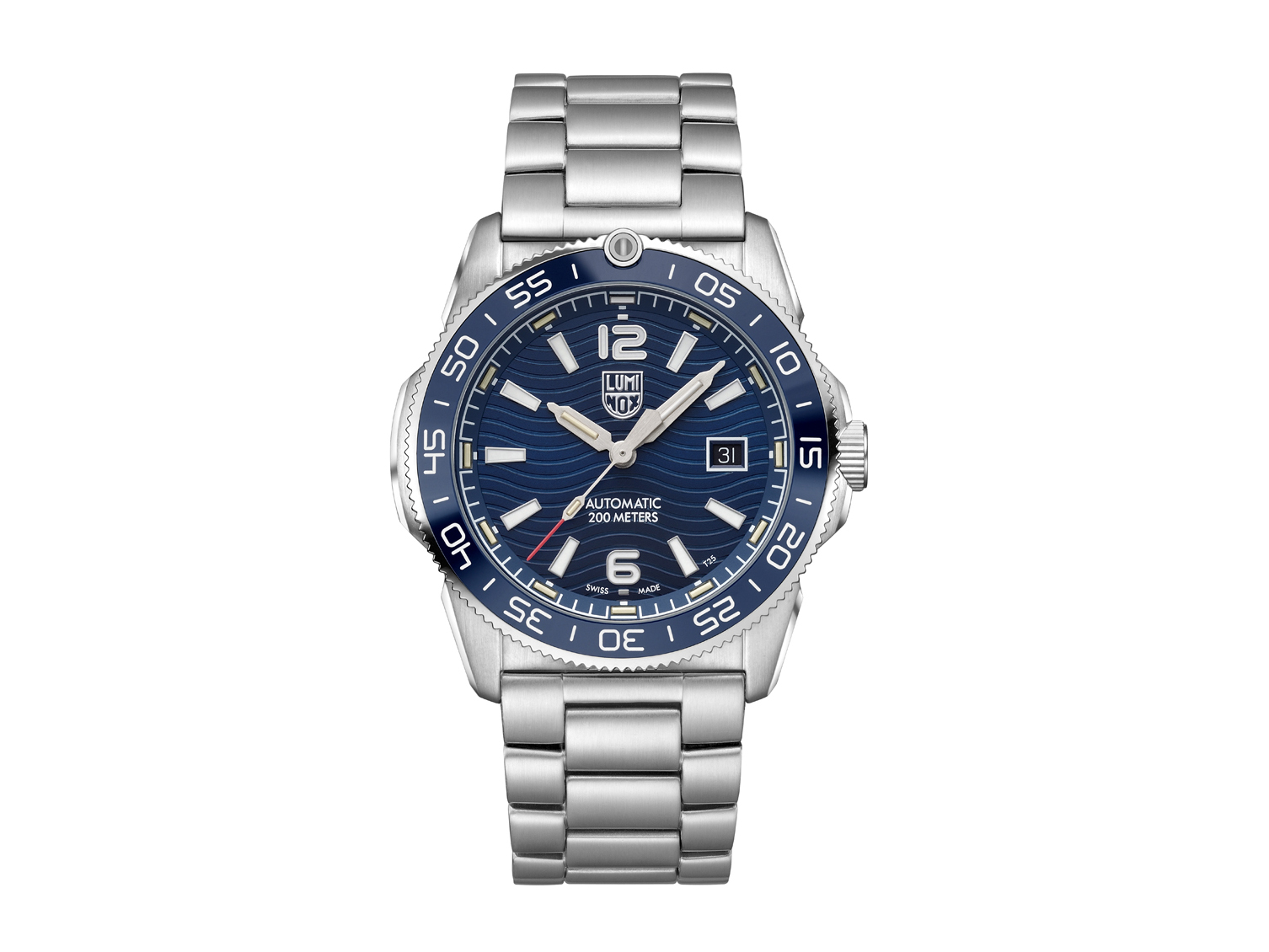Luminox Uhr XS.3104 Sea in Silber mit einem 42 mm Gehäuse und blauem Ziffernblatt, ausgestattet mit einem Edelstahlarmband und einer Wasserdichtigkeit von 200 Metern.