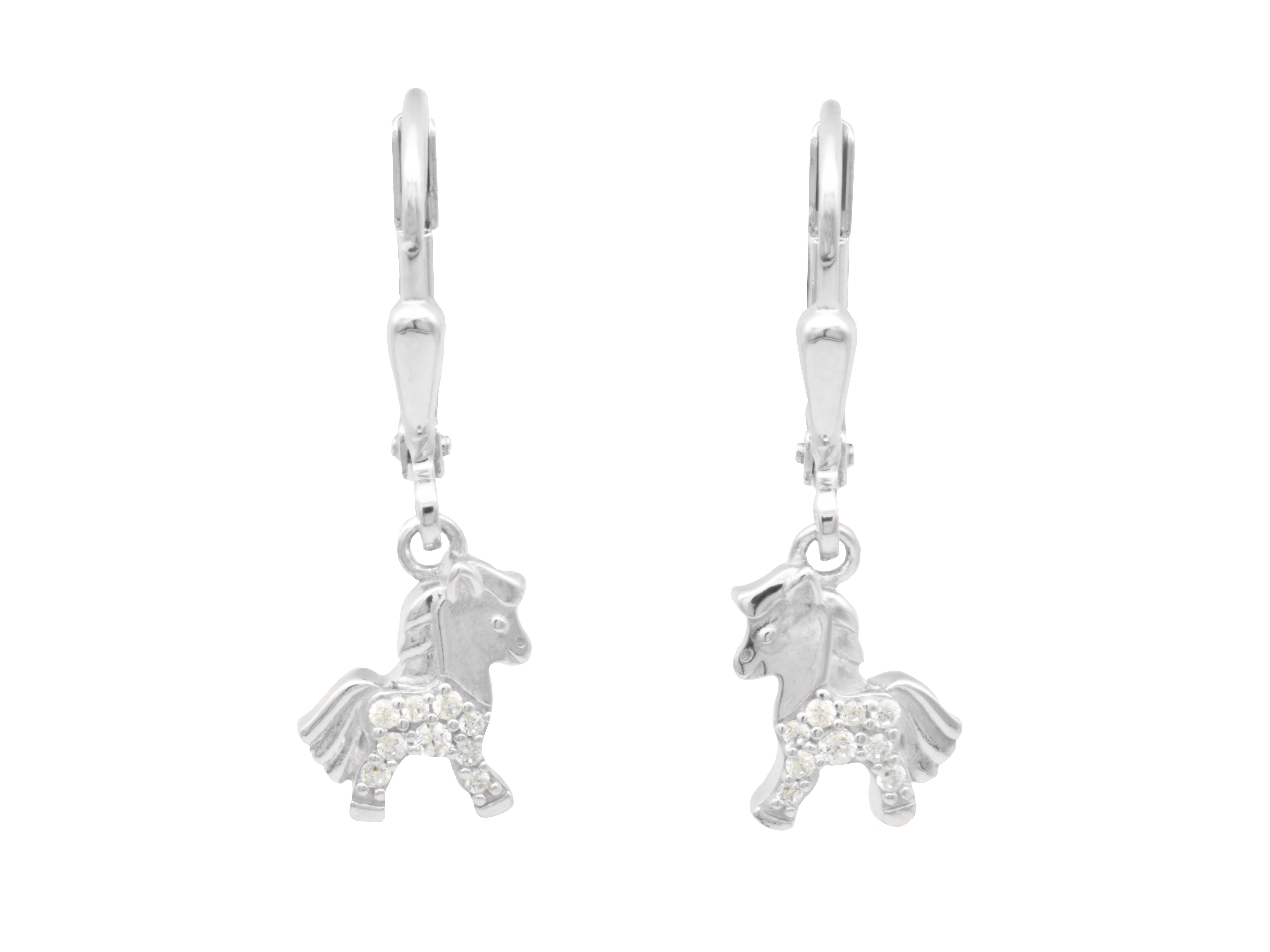 Ohrhänger in Form eines Pferdes aus rhodiniertem Sterling Silber, poliert, verziert mit braunen Zirkonia, geeignet für Kinder, Hersteller Juwelier Harnisch.