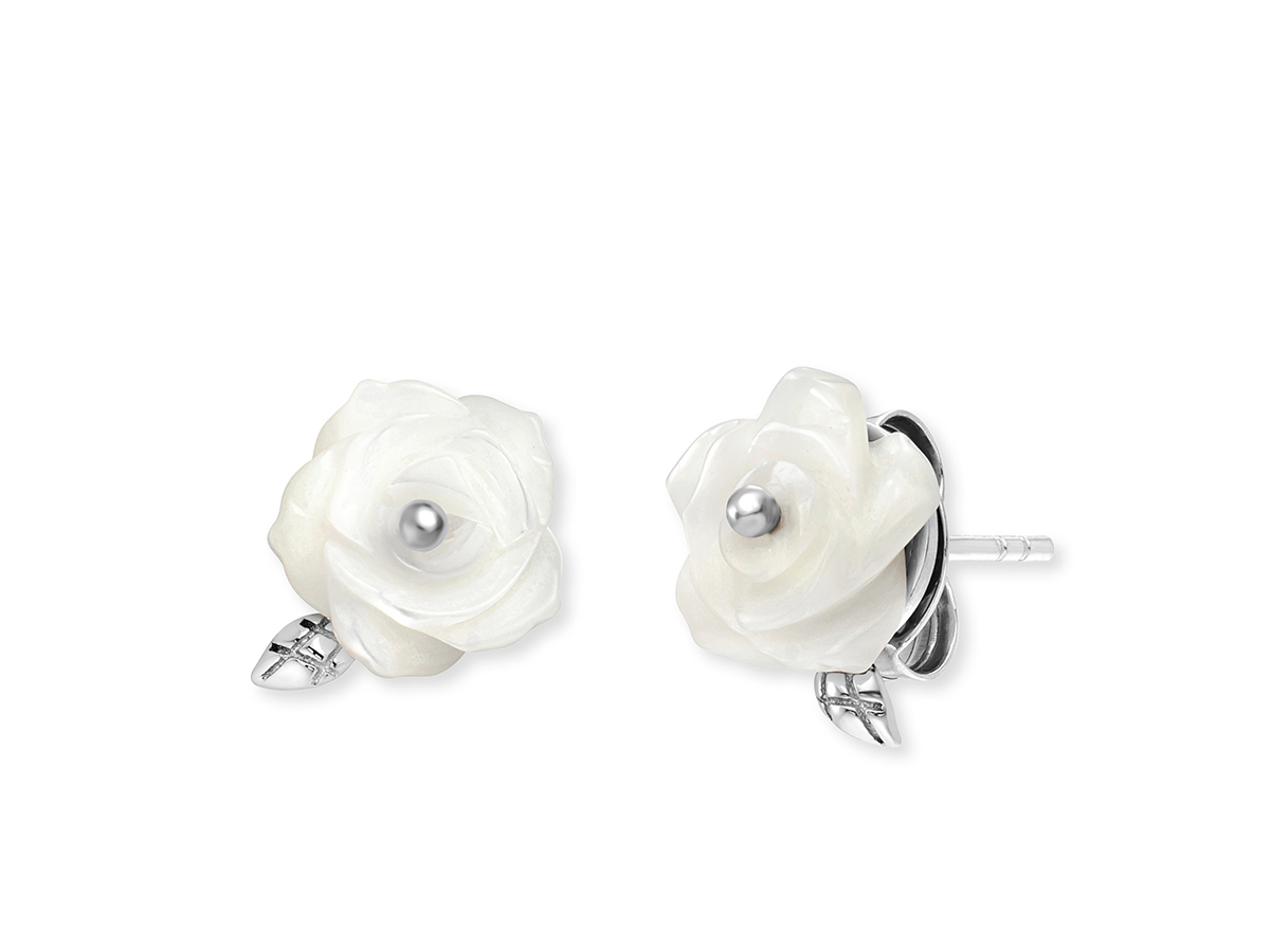 Engelsrufer ERE-ROSE-PE-ST ROSE Ohrstecker aus rhodiniertem Silber mit einer weißen Perlmutt-Blume und einer kleinen Perle in der Mitte, Durchmesser 10 mm.