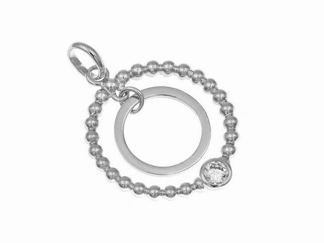 Anhänger Duo Ringe aus rhodiniertem Sterling Silber mit beigemusterter Perle und einem klaren Stein, hochwertiger Schmuck des Herstellers Juwelier Harnisch.