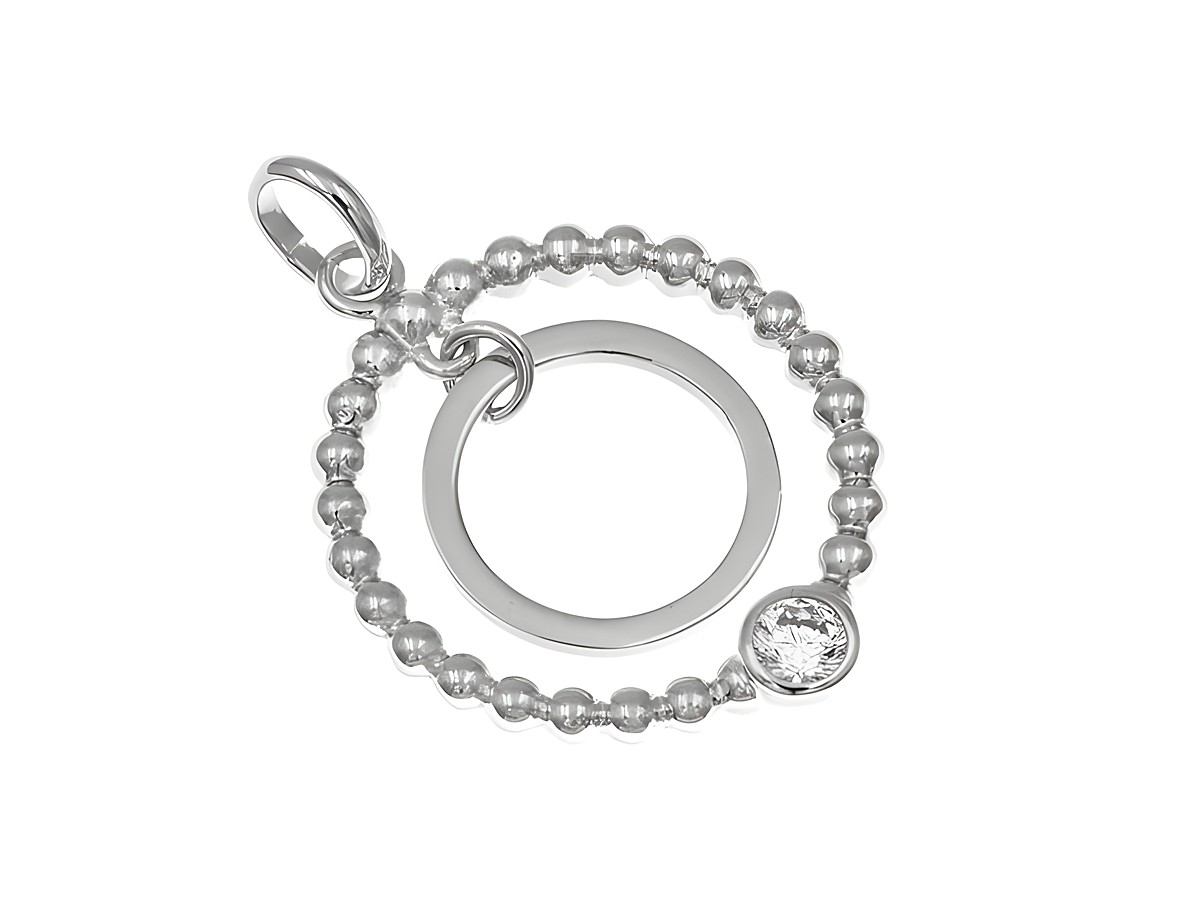 Anhänger Duo Ringe aus rhodiniertem Sterling Silber mit beigemusterter Perle und einem klaren Stein, hochwertiger Schmuck des Herstellers Juwelier Harnisch.