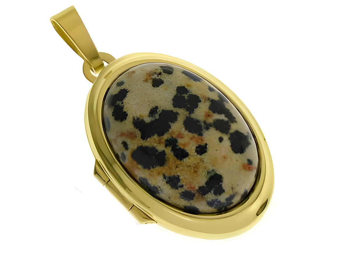 Dalmatiner Jaspis Medaillon Cabochon in Gold 333 von Juwelier Harnisch, ovaler Stein mit charakteristischen Flecken, schlichtes und elegantes Design, ideal als Schmuckstück.