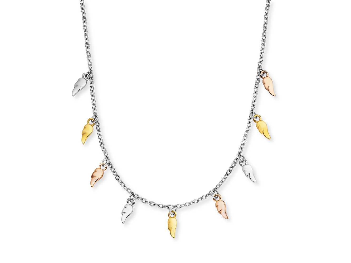 Engelsrufer ERN-FLYWING9-TRICO FLYWING Kette in Tricolor mit Anhänger, 40 cm lang, glänzende Kette mit zarten, flügelförmigen Elementen in Gold, Roségold und Silber.