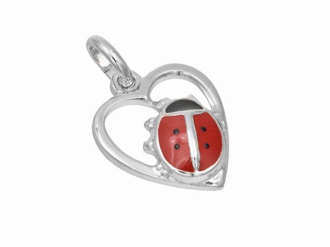 Herzanhänger mit einem Marienkäfer, aus rhodiniertem und polierten Sterling Silber, lackiert in Rot und Schwarz, von Juwelier Harnisch. Ideal als Schmuckstück.