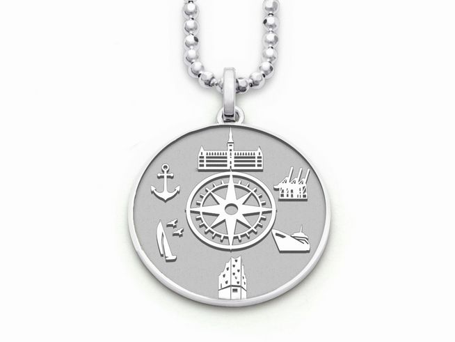 DUR Anhänger Hamburg P4226 aus rhodiniertem Sterling Silber zeigt ein nautisches Design mit Kompass, Anker und typischen Hamburger Motiven, kreativ und elegant in einem modernen Stil.