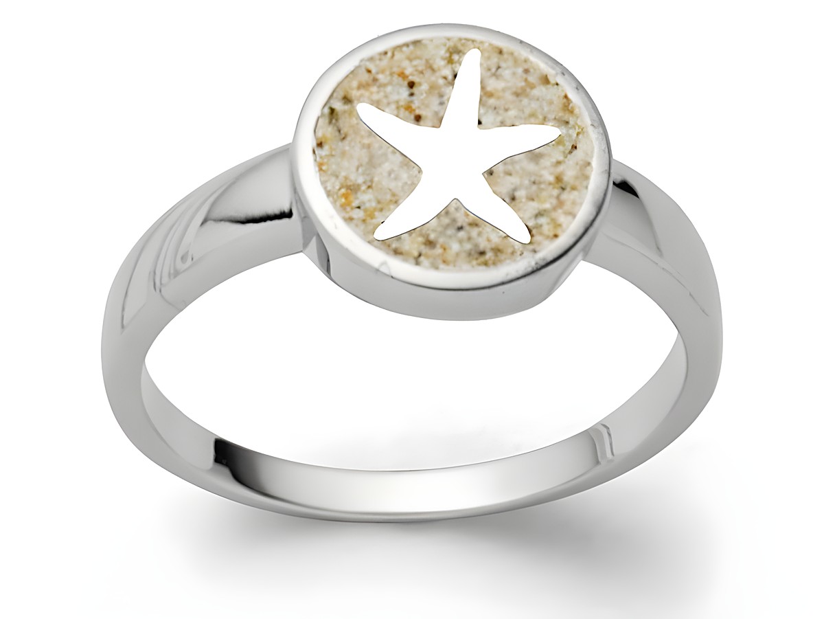 Sterling Silber Ring mit Strandsand und einem Sternmotiv in der Mitte, gefertigt von DUR, Größe 58, ideal für Strandliebhaber und als elegantes Schmuckstück.
