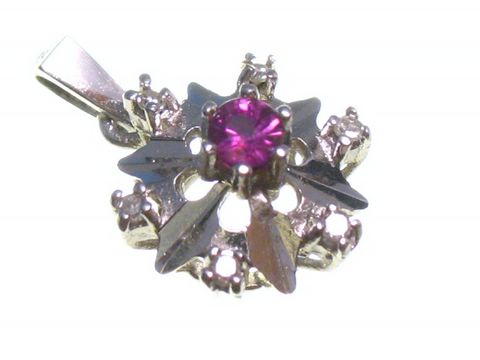 Rund-Diamant Gold 585/- Anhänger aus Weißgold mit einem zentralen, pinken Stein und kunstvollen Verzierungen, Hersteller Juwelier Harnisch, Durchmesser 13 mm, ideal für Schmuckliebhaber.