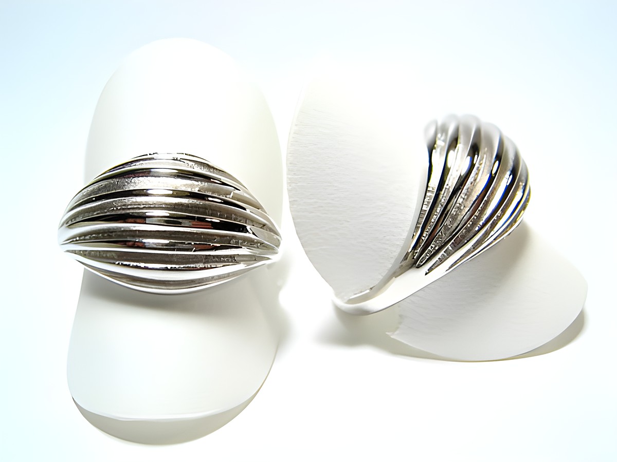 Silber Ring rhodiniert gewölbt und rundlich verstellbar, Hersteller Juwelier Harnisch, ohne Stein, auf zwei Ringhaltern präsentiert.