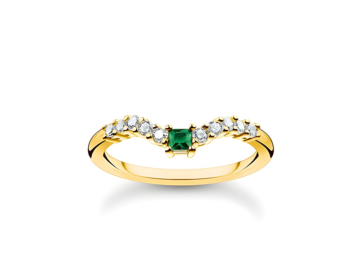 Eleganter Thomas Sabo Ring aus vergoldetem Sterling Silber mit einem grünen Stein in der Mitte und funkelnden Zirkonia, Größe 50. Ideal für festliche Anlässe.