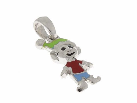 Ein silber rhodinierter Anhänger in Form eines Wichtel-Männchens mit bunten Lackdetails, ideal für Kinder und märchenhaft gestaltet, Hersteller Juwelier Harnisch.