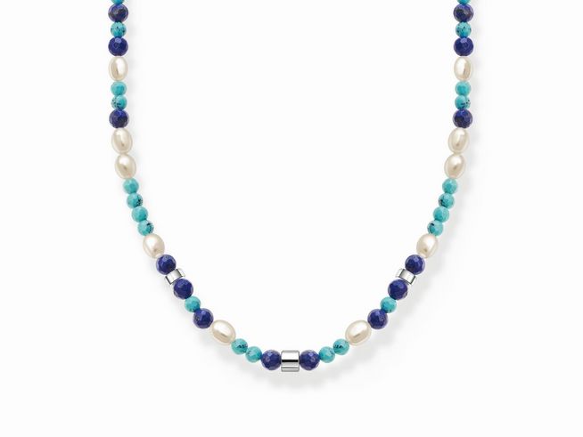 Kette von Thomas Sabo mit imit. Lapislazuli und Zirkonia, 45 cm verstellbar, bestehend aus blauen und grünen Steinen sowie Perlen, glänzt elegant und stilvoll.