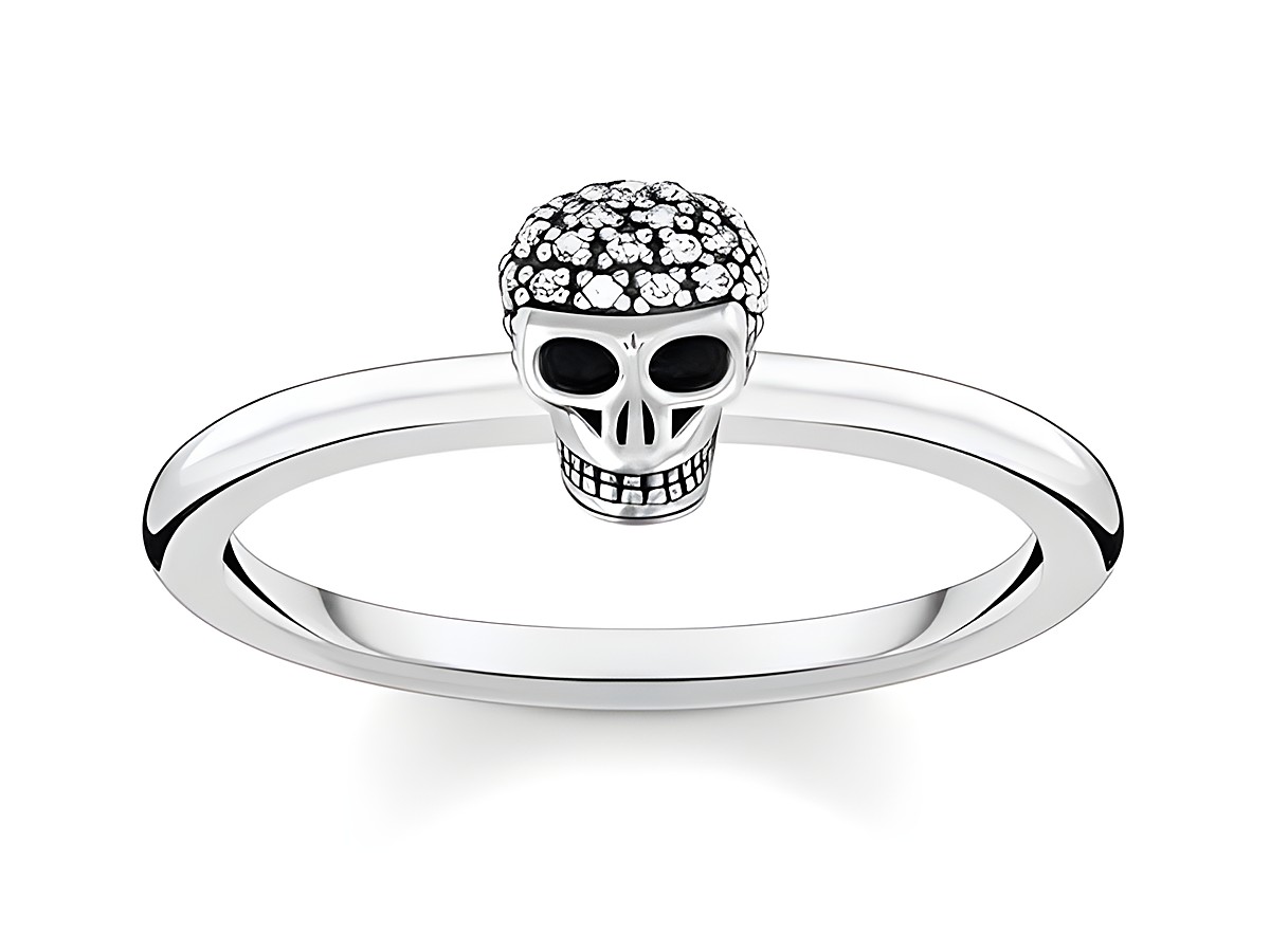 Ring von Thomas Sabo TR2327-643-14-48 in Silber, Gr. 48, mit geschwärztem Totenkopf und klaren Zirkonia, elegantes Design mit punktemotiv, ideal für individuelle Styles.
