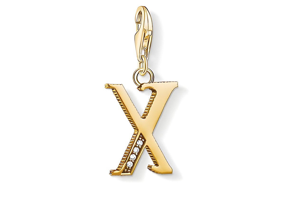 Charm-Anhänger Buchstabe X von Thomas Sabo, vergoldet mit funkelnden Zirkonia-Steinen, ideal für die individuelle Gestaltung von Schmuckstücken.