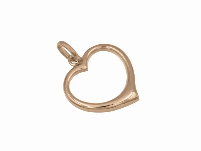 Ein plastischer Anhänger in Herzform aus roségold vergoldetem Sterling Silber, hergestellt von Juwelier Harnisch, mit glänzender Oberfläche und feinem Design.