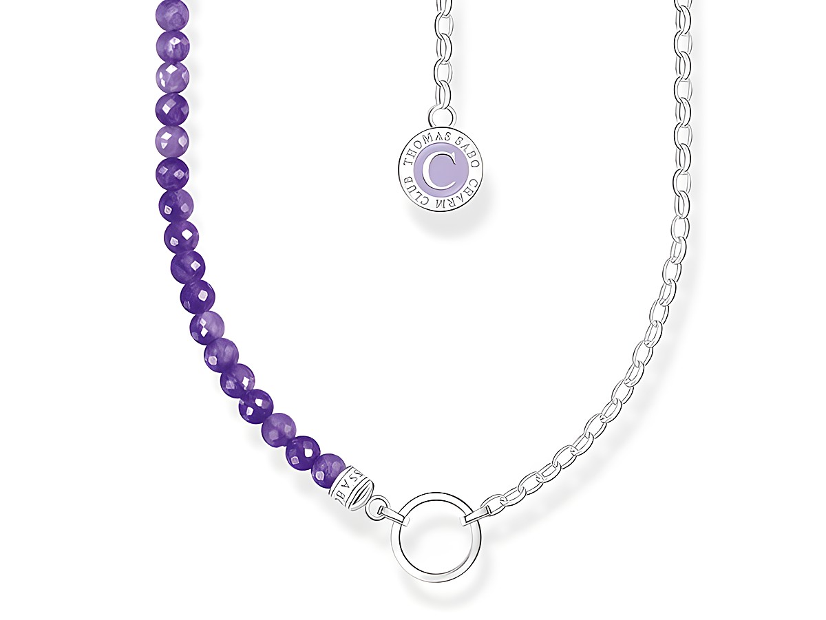 Violette Gliederkette aus Amethyst mit silbernen Elementen und einem Emaille-Anhänger von Thomas Sabo, verstellbar von 40 bis 45 cm. Elegantes Design für stilvolle Akzente.