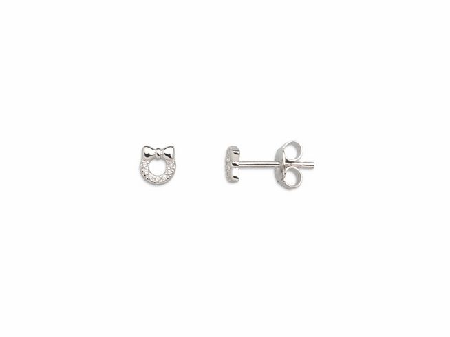 Xenox Sterling Silber Ohrringe XS3558 mit einem charmanten Katzenmotiv und einer funkelnden Schleife, idealer Ohrschmuck für einen verspielten Look.