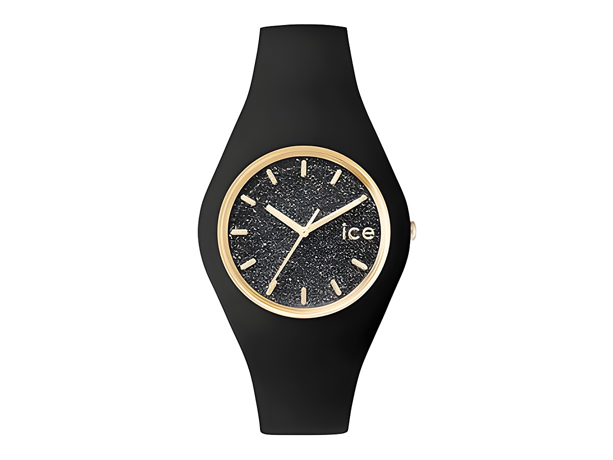 Schwarze Ice-Watch ICE glitter mit goldenem Ziffernblatt, Ziffern und Zeigern, elastischem Armband, Modell Small, Hersteller: Ice watch, Artikelnummer ICE.GT.BBK.S.S.15.