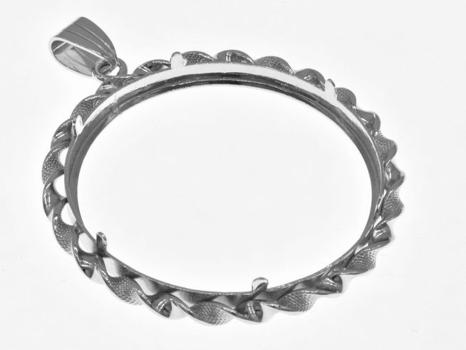 Münzfassung Anhänger aus 925 Sterling Silber rhodiniert mit Kordel-Design, geeignet für Münzen bis 37 mm Durchmesser, von Juwelier Harnisch, bis 4,0 cm Münzen.