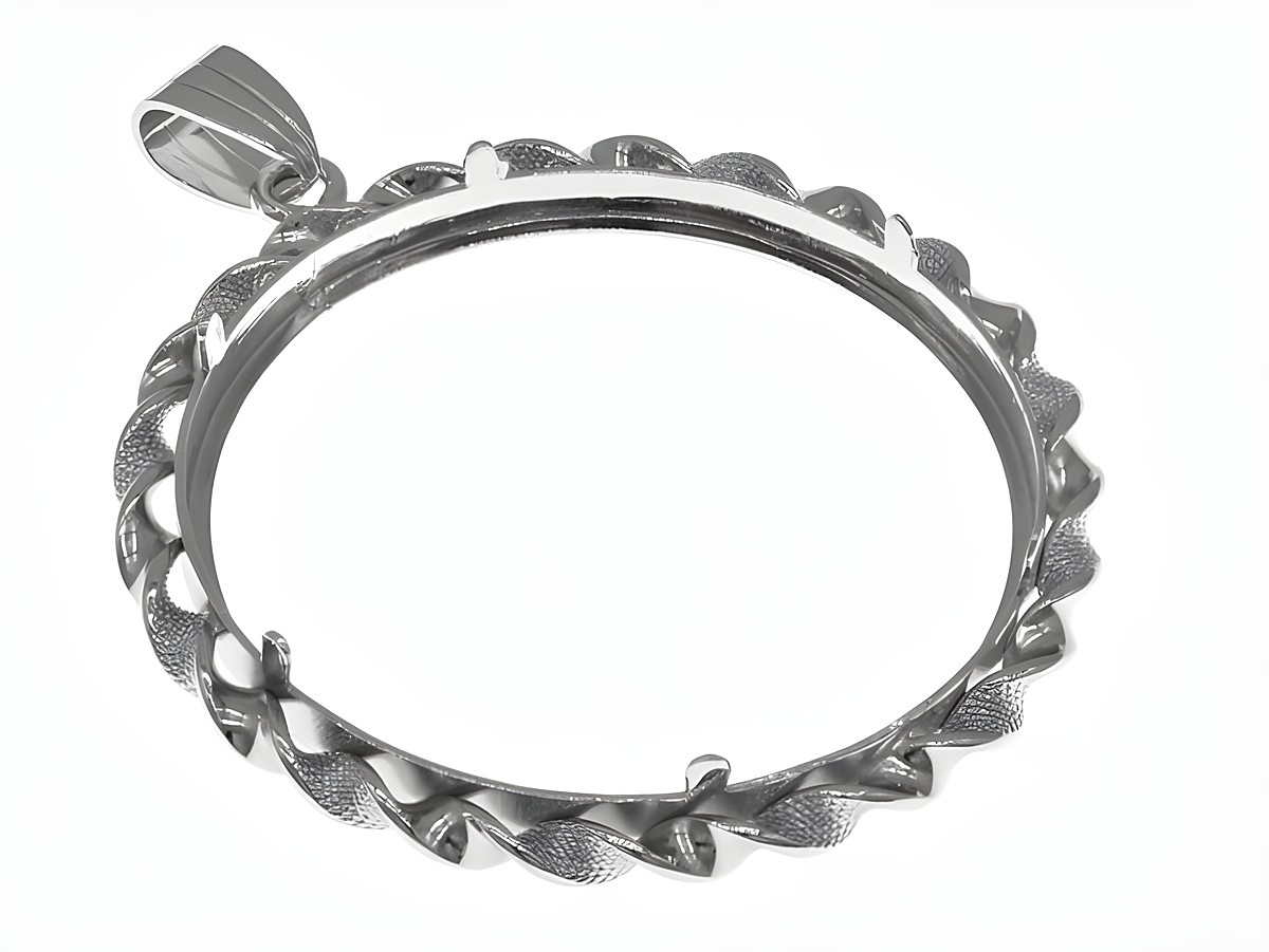 Münzfassung Anhänger aus 925 Sterling Silber rhodiniert mit Kordel-Design, geeignet für Münzen bis 37 mm Durchmesser, von Juwelier Harnisch, bis 4,0 cm Münzen. – Ansicht 2