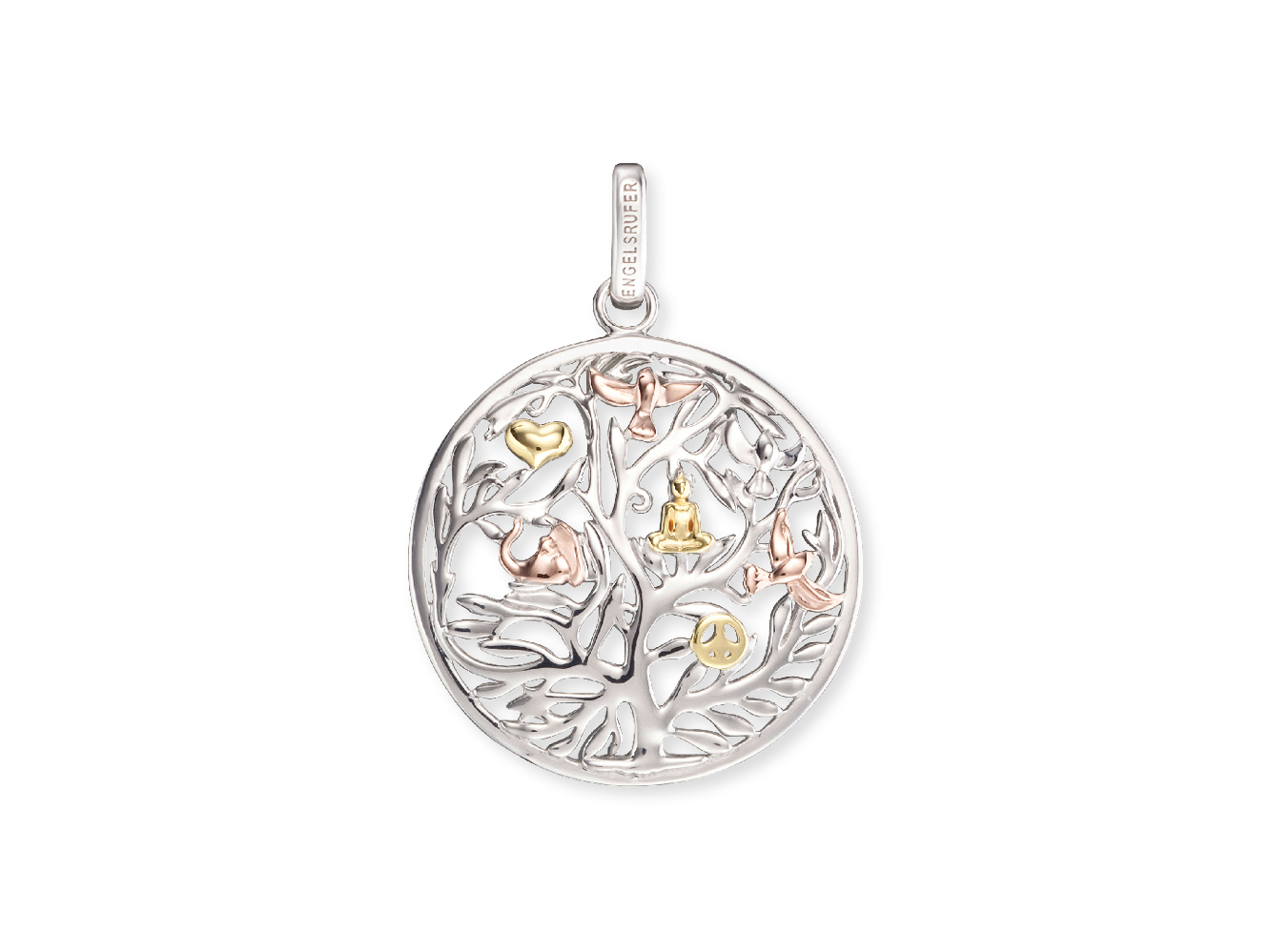 Engelsrufer ERP-TREE-TRICO LEBENSBAUM Anhänger Silber Tricolor - 33 mm Silberner Anhänger in Form eines Lebensbaums mit tricolor Details. Der Anhänger zeigt filigrane Äste, Herzen und andere Symbole, geeignet für einen besonderen Anlass.