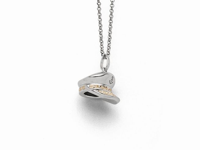 Sterling Silber Kette mit Anhänger in Form einer Kapitänsmütze, verziert mit Strandsand, Länge 42 cm, von DUR, modern und stilvoll, perfekt für maritime Liebhaber.
