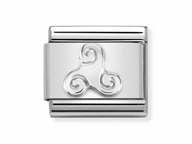 433010605-0 Ein elegantes silbernes Element mit einem Triskell-Motiv in der Mitte. Der Hersteller ist Nomination, das Material besteht aus Edelstahl und es gehört zur SilberShine-Serie.