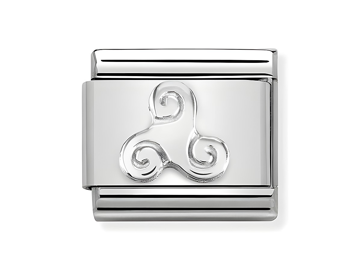 Ein elegantes silbernes Element mit einem Triskell-Motiv in der Mitte. Der Hersteller ist Nomination, das Material besteht aus Edelstahl und es gehört zur SilberShine-Serie.