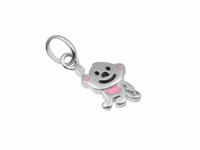 Anhänger Äffchen Affe aus 925 Sterling Silber, poliert und rhodiniert, mit pinken Akzenten, Hersteller: Juwelier Harnisch, ideal für Kinder.