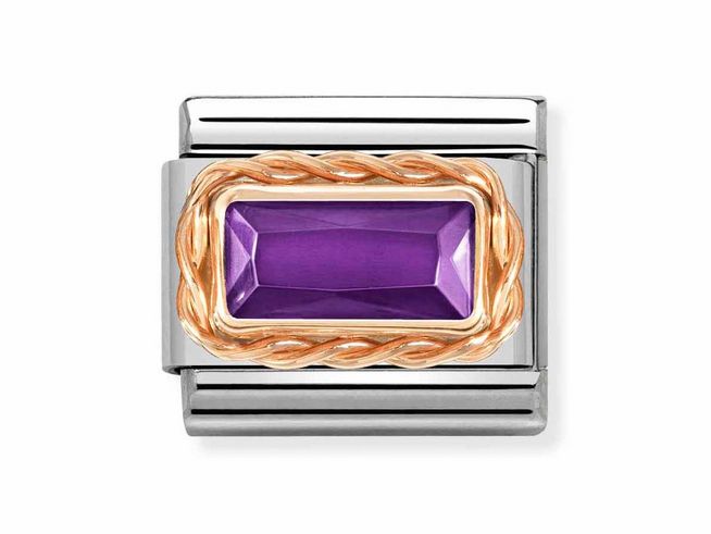 Roségold Classic Armbandglied aus Edelstahl mit einer violetten Zirkonia in rechteckiger Form, umgeben von einer gekordelten Roségoldauflage, elegantes Schmuckdesign von Nomination.