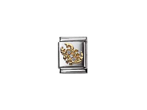 Zirkonia Charm von Nomination mit Skorpion-Motiv in Gold auf silbernem Hintergrund, Teil der Sternzeichen-Kollektion. Ideal für individuelle Armbänder.