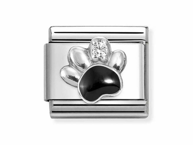 Silberner Armbandanhänger mit schwarzer Pfote aus Zirkonia und Emaille, Hersteller Nomination, Modell Classic Silber 330321 12, stilvolles Tiermotiv.