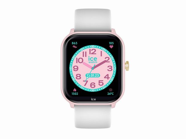 Ice Watch Smartwatch Uhr 022797 smart junior 2.0 ICE Pink White mit einem bunten Ziffernblatt, pinken und blauen Elementen sowie einem weißen Armband, angezeigt auf einem schwarzen Hintergrund.