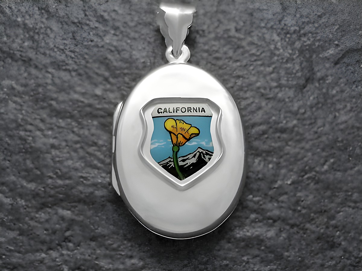 Silbermedaillon mit dem Schriftzug California und einer Abbildung einer gelben Blume vor einem Bergpanorama, Hersteller Juwelier Harnisch, geeignet für Sammler und Anhänger von Weltmedaillons.