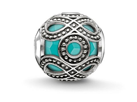 Ethno Schmuckbead in türkis mit silberner Fassung und dekorativen Elementen, imitiert Türkis, von Thomas Sabo, Modell K0209-878-17.