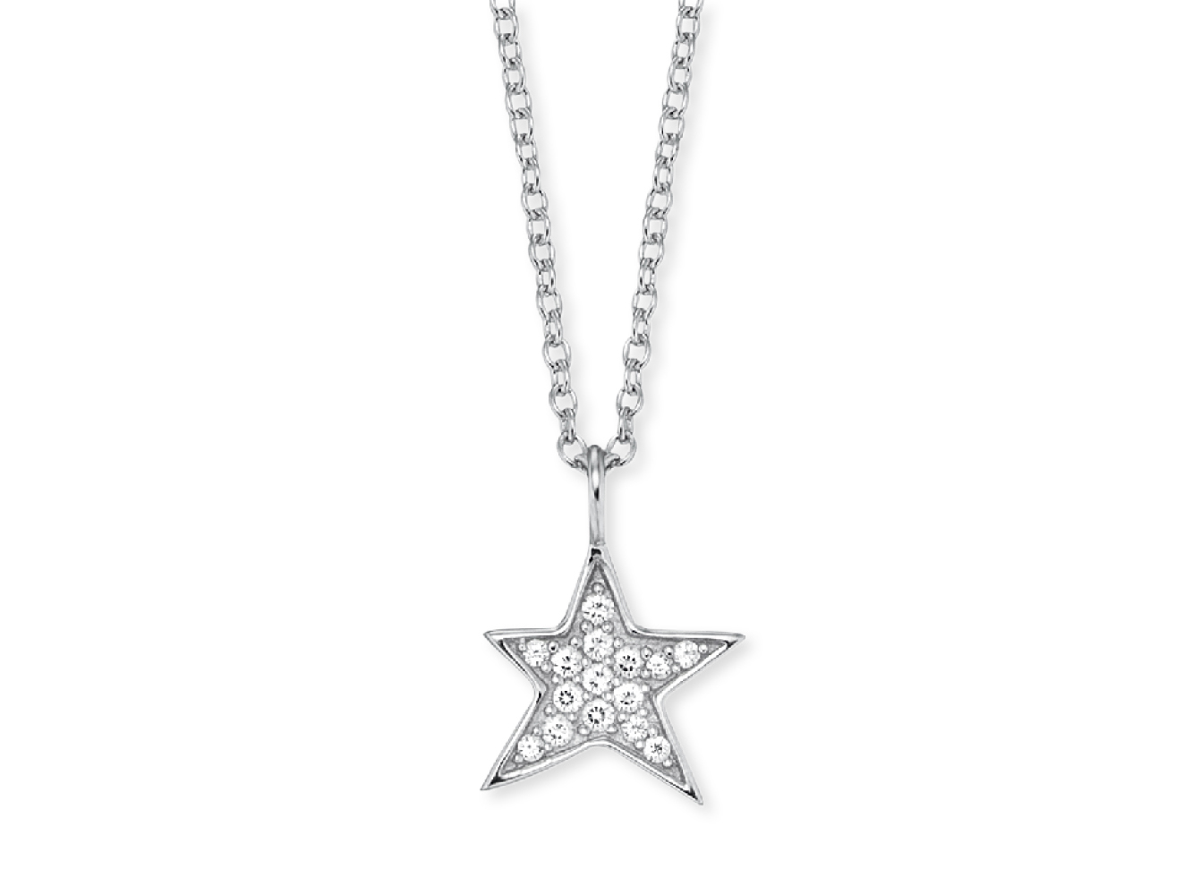 Eine silberne Kette mit einem sternförmigen Anhänger, der mit Zirkonia-Steinen besetzt ist. Die Kette hat eine Länge von 40 cm und ist rhodiniert für zusätzlichen Glanz.