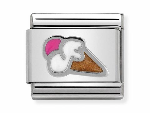 Eis in weißen und rosa Farben auf einem silbernen Modul von Nomination 330202 38, Symbol für Freude und Genuss, ideal für eine individuelle Schmuckgestaltung.