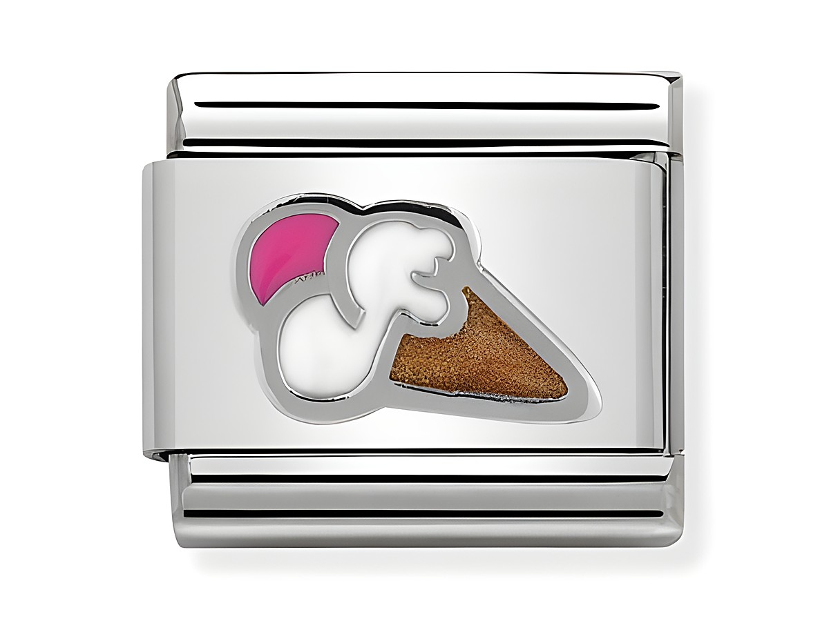Eis in weißen und rosa Farben auf einem silbernen Modul von Nomination 330202 38, Symbol für Freude und Genuss, ideal für eine individuelle Schmuckgestaltung.