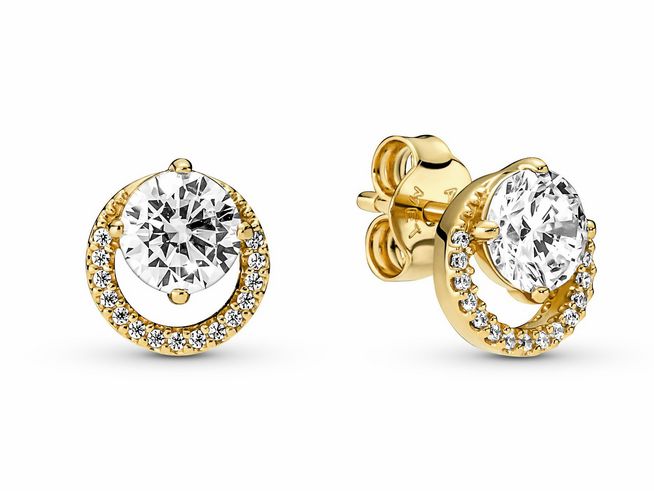 Funkelnde runde Strahlenkranz Ohrringe von Pandora in Gelbgold-Vergoldung mit Zirkonia, strahlend und elegant, perfekt für jeden Anlass.