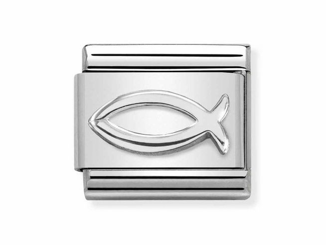 Silberner Classic Steling mit dem Ichthys Symbol aus Edelstahl. Hochglänzende Oberfläche und modernes Design, ideal für personalisierte Schmuckstücke von Nomination.
