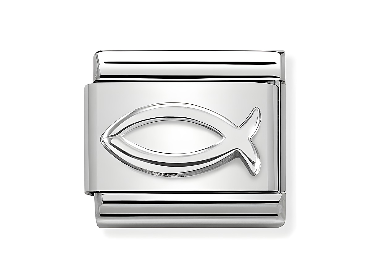 Silberner Classic Steling mit dem Ichthys Symbol aus Edelstahl. Hochglänzende Oberfläche und modernes Design, ideal für personalisierte Schmuckstücke von Nomination.