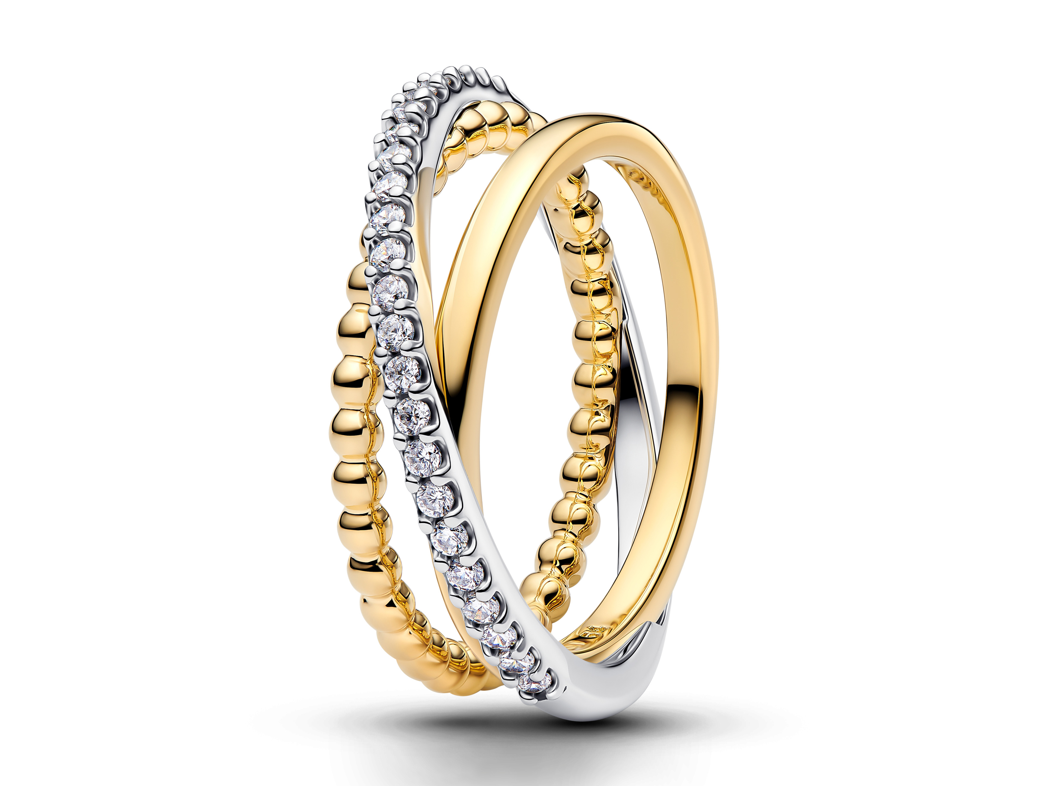 Pandora 164826C01-60 - Gekreuzter Dreifacher-Bandring mit Kugeln und Pavé - Sterling Silber & Gelbgold Vergoldung - Zirkonia - Gr. 60