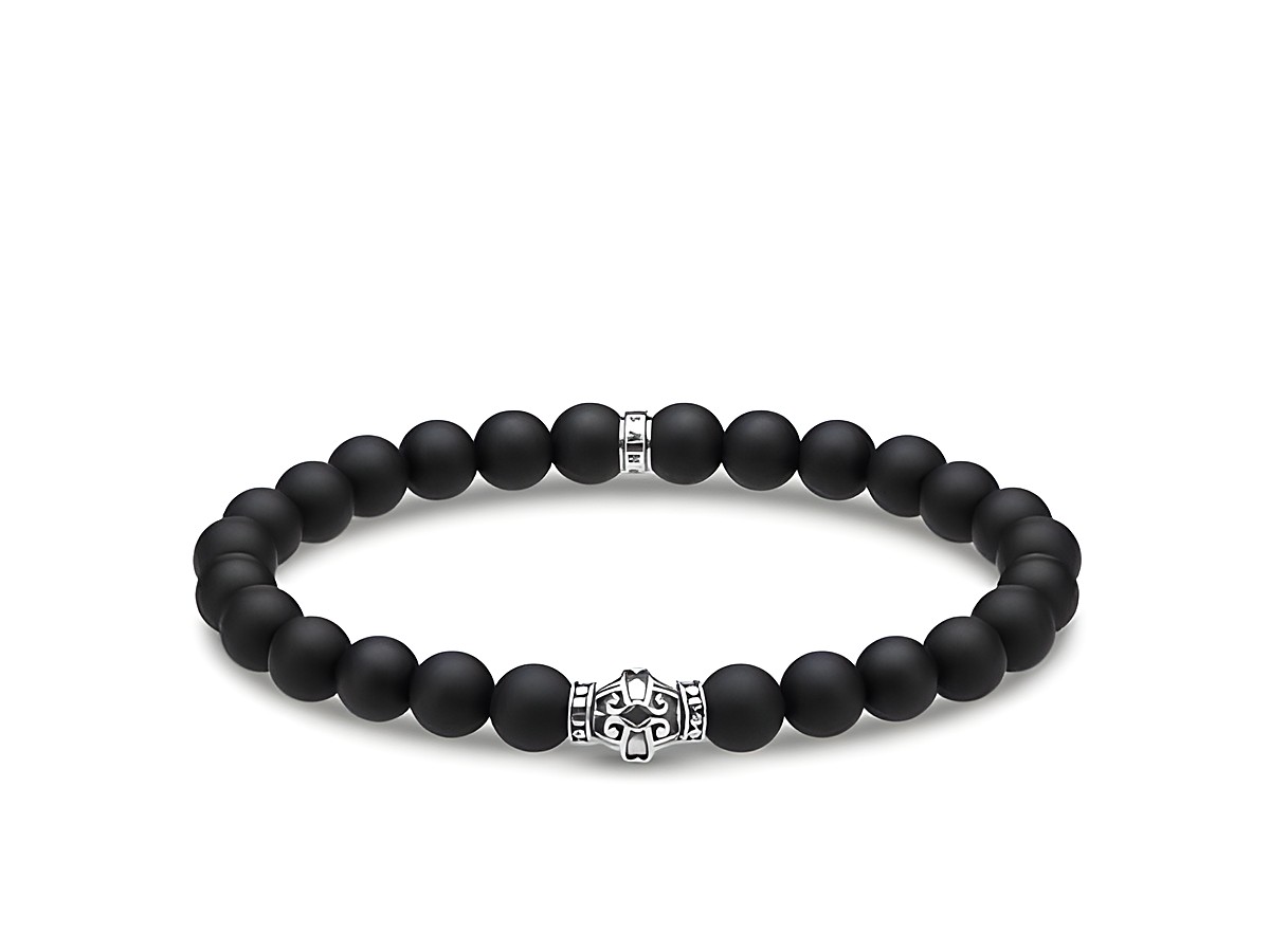 Silbernes Thomas Sabo Armband A1942-704-11-L19 mit schwarzen Mattperlen und dekorativem silbernen Element, Gesamtlänge 19 cm, geeignet für Handgelenke bis 20 cm.