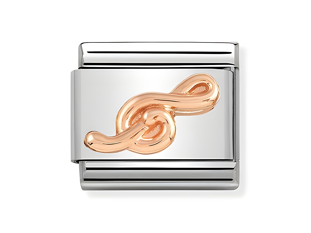 Ein Edelstahlanhänger in Roségold mit einem stilisierten Violinschlüssel, passend für die Nomination Composable Classic Kollektion. Ideal für Musikliebhaber.