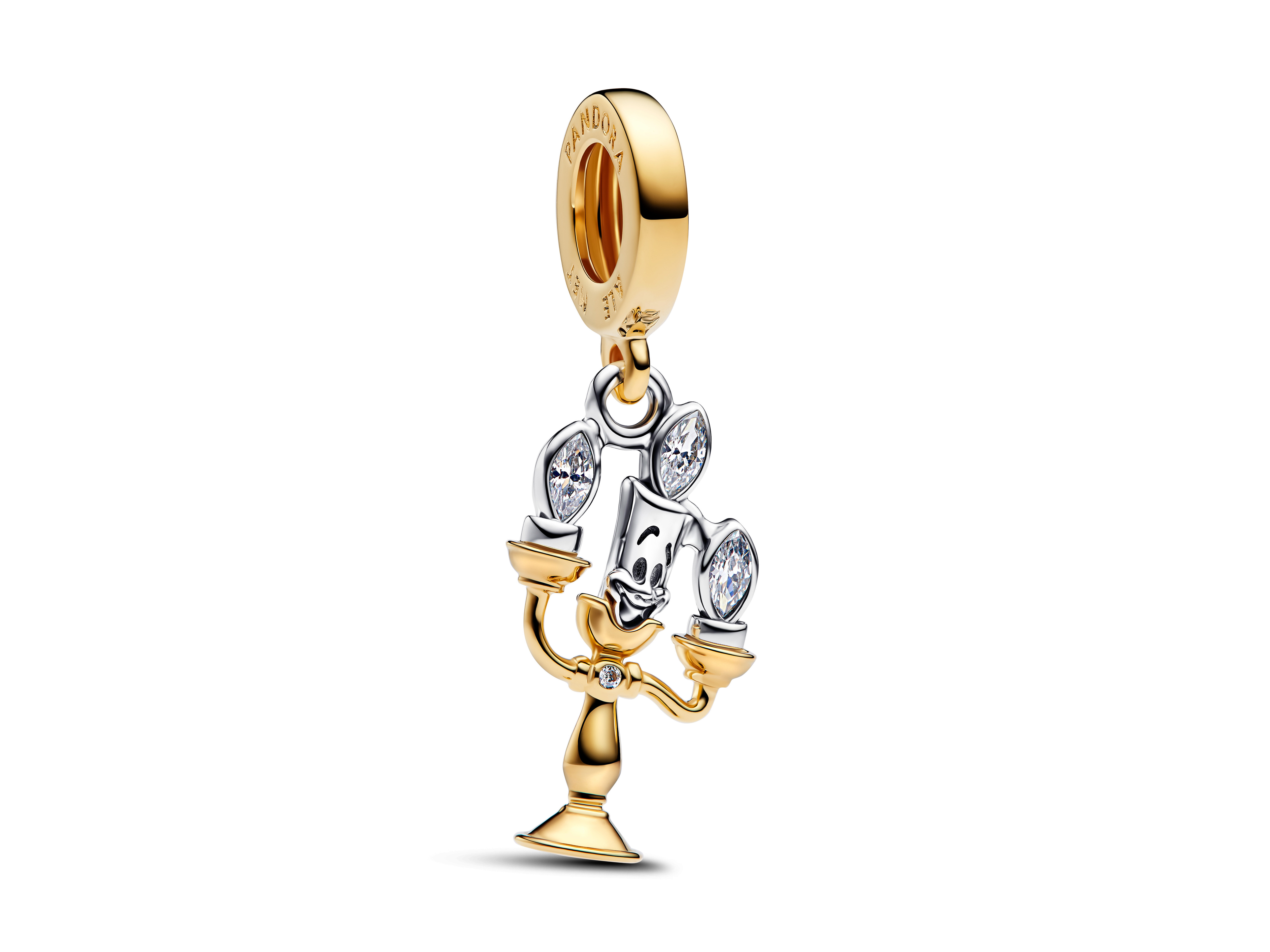 Charm-Anhänger von Pandora in Form von Lumière aus Disney die Schöne und das Biest, aus Sterlingsilber mit Gelbgoldvergoldung und Zirkonia, detailreiche Darstellung und hochwertiger Schmuck.