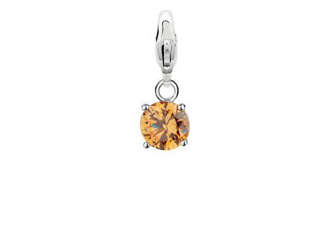 Der charm zeigt einen funkelnden, goldenen Kristall in runder Form, der an einem silbernen Clip befestigt ist und ideal für eleganten Schmuck geeignet ist.