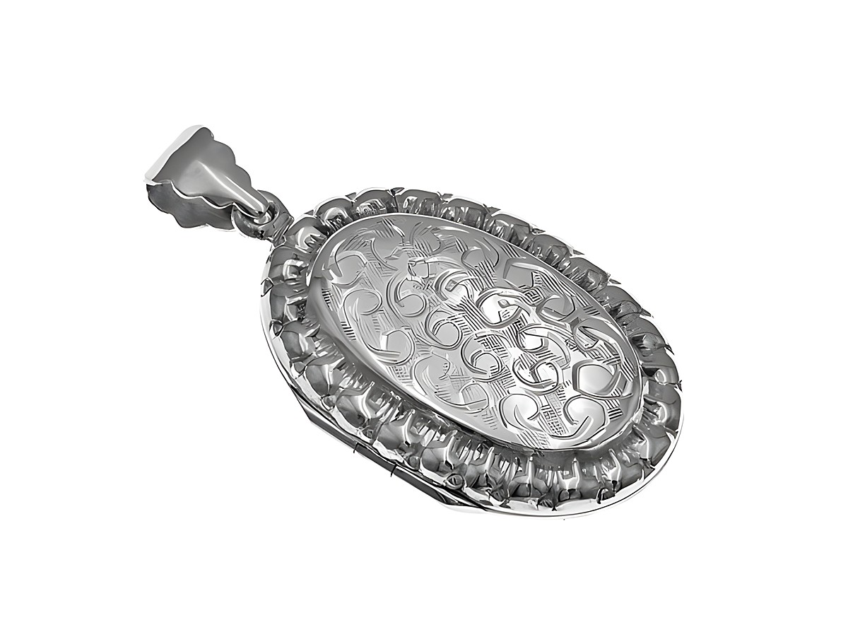 Silber Medaillon oval nostalgisch vom Hersteller Juwelier Harnisch, verziert mit filigranen Mustern und einer gedrehten Kante, ideal für persönliche Erinnerungen oder Schmuckliebhaber.