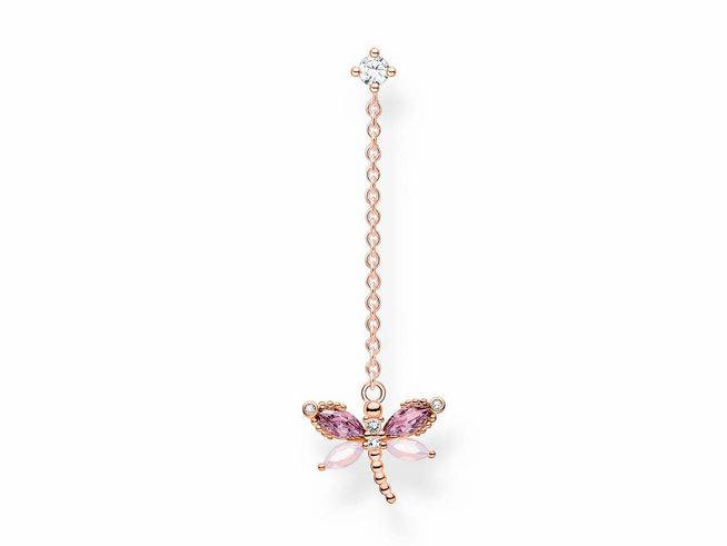 Thomas Sabo Charming Ohrstecker aus Sterling Silber mit vergoldetem Roségold, verziert mit Glas-Keramik Stein und Zirkonia, in Form einer Libelle mit pinken und klaren Steinchen.