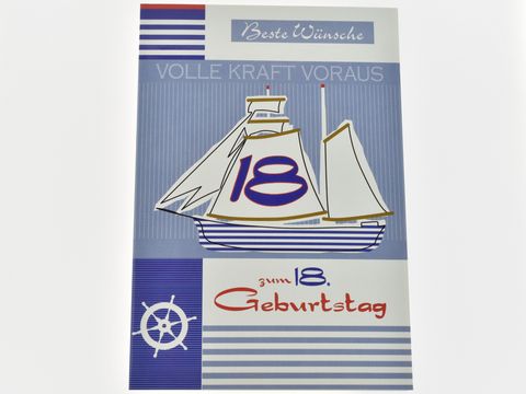 Geburtstagskarte mit maritimem Design, zeigt ein Segelboot und den Aufdruck volle Kraft voraus sowie beste Wünsche, ideal für den 18. Geburtstag, Hersteller Juwelier Harnisch.