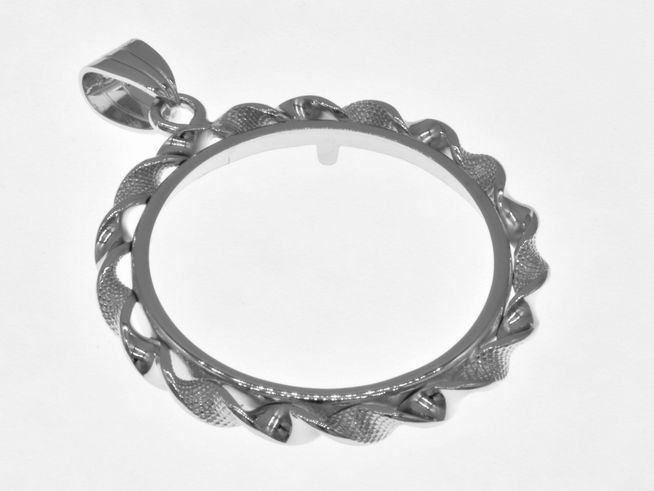 Münzfassung Anhänger aus rhodiniertem 925 Sterling Silber, geeignet für Münzen bis 27 mm Durchmesser, mit eleganter Kordelgestaltung, Hersteller Juwelier Harnisch.